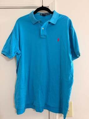 Vintage Polo Ralph Lauren Men's Medium Bright Blue Pique Polo Shirt with Red Pon